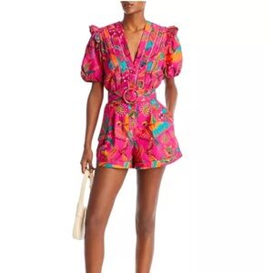 Macaw Belted Puff Sleeve Romper Small NWT